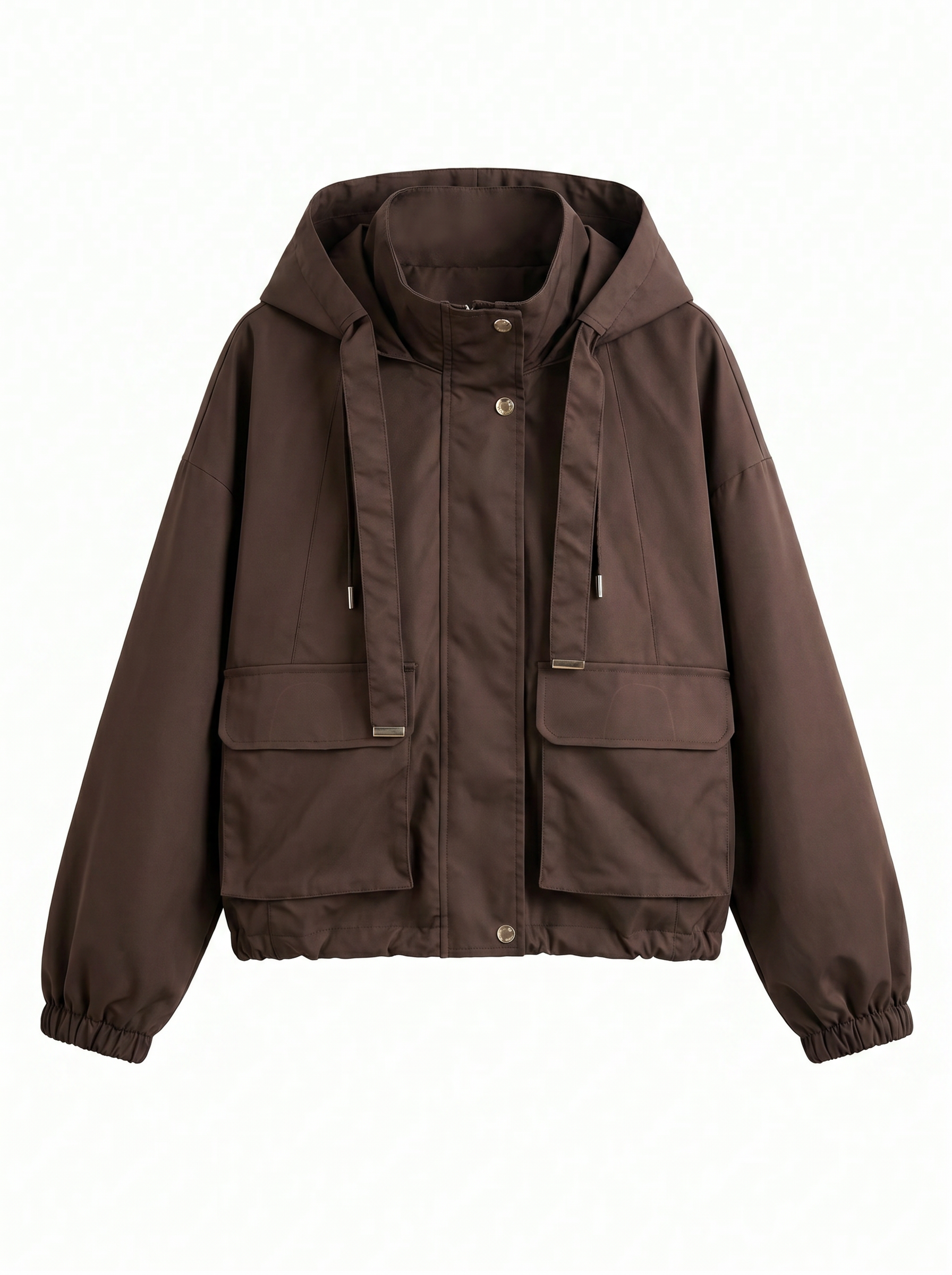 Brown Oversized Hooded Utility Jacket with Drawstrings WC-013