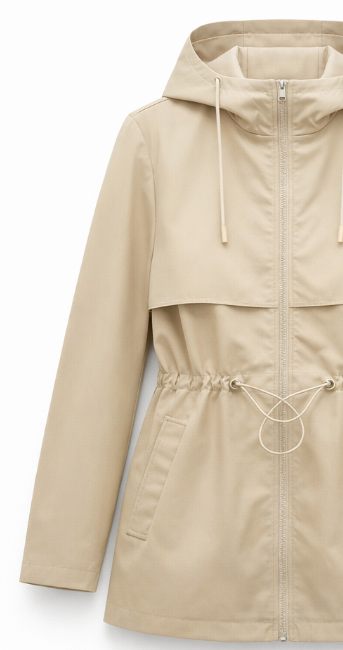 Beige Drawstring Waist Hooded Trench Coat WC-016