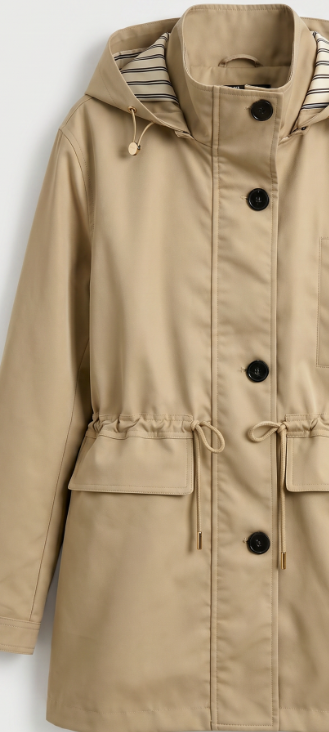 Beige Hooded Parka with Drawstring Waist & Striped Lining WC-017