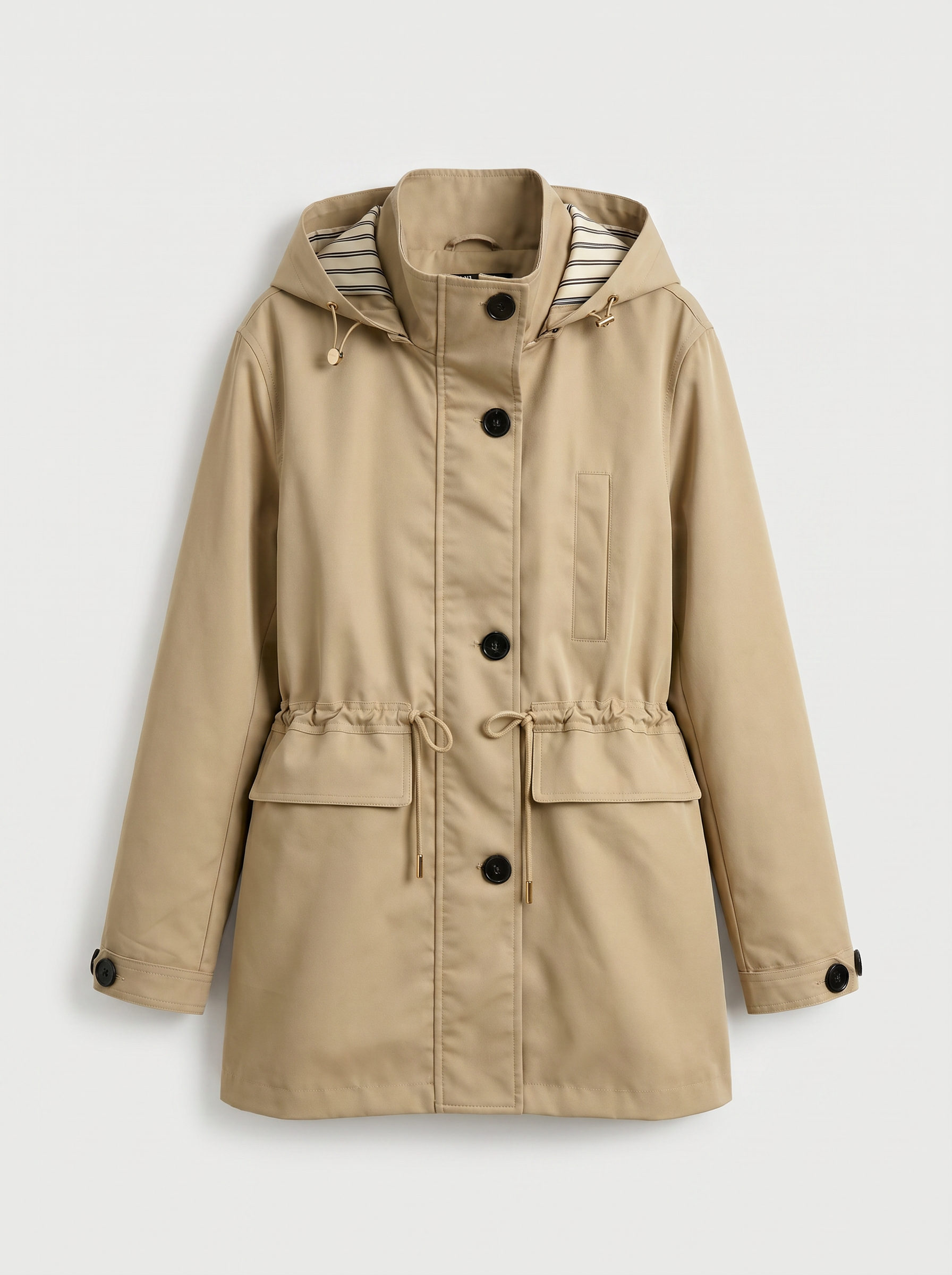 Beige Hooded Parka with Drawstring Waist & Striped Lining WC-017