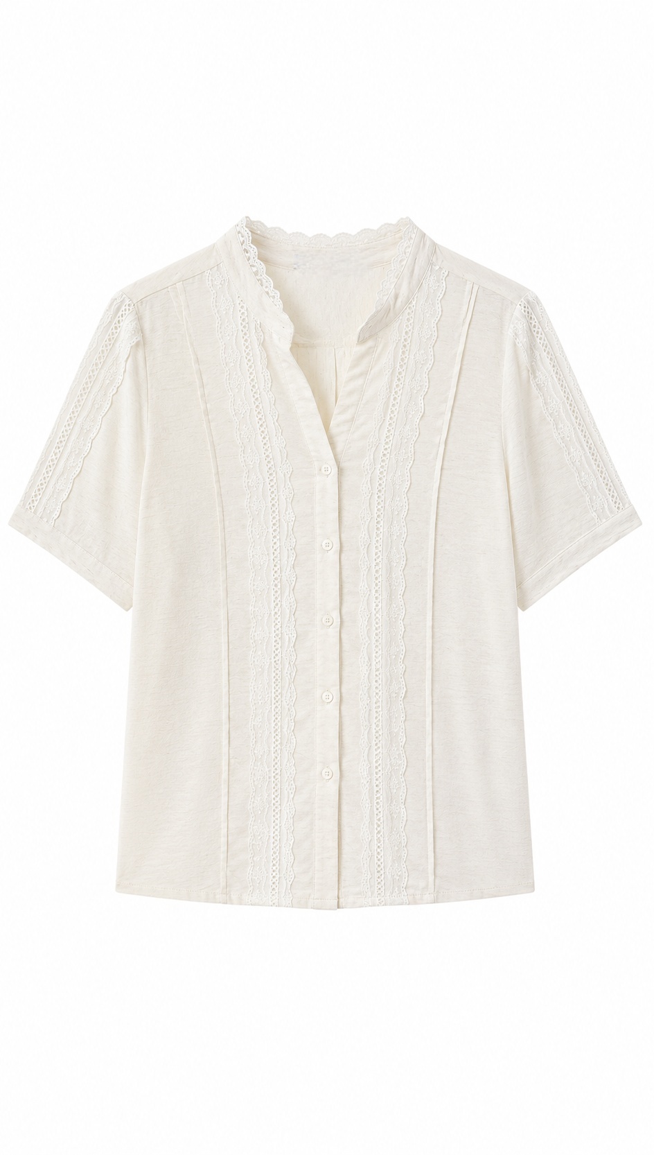 Linen-Blend Lace Trim Short-Sleeve Blouse LA-780002