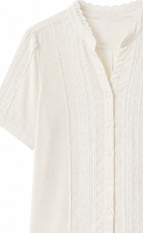 Linen-Blend Lace Trim Short-Sleeve Blouse LA-780002