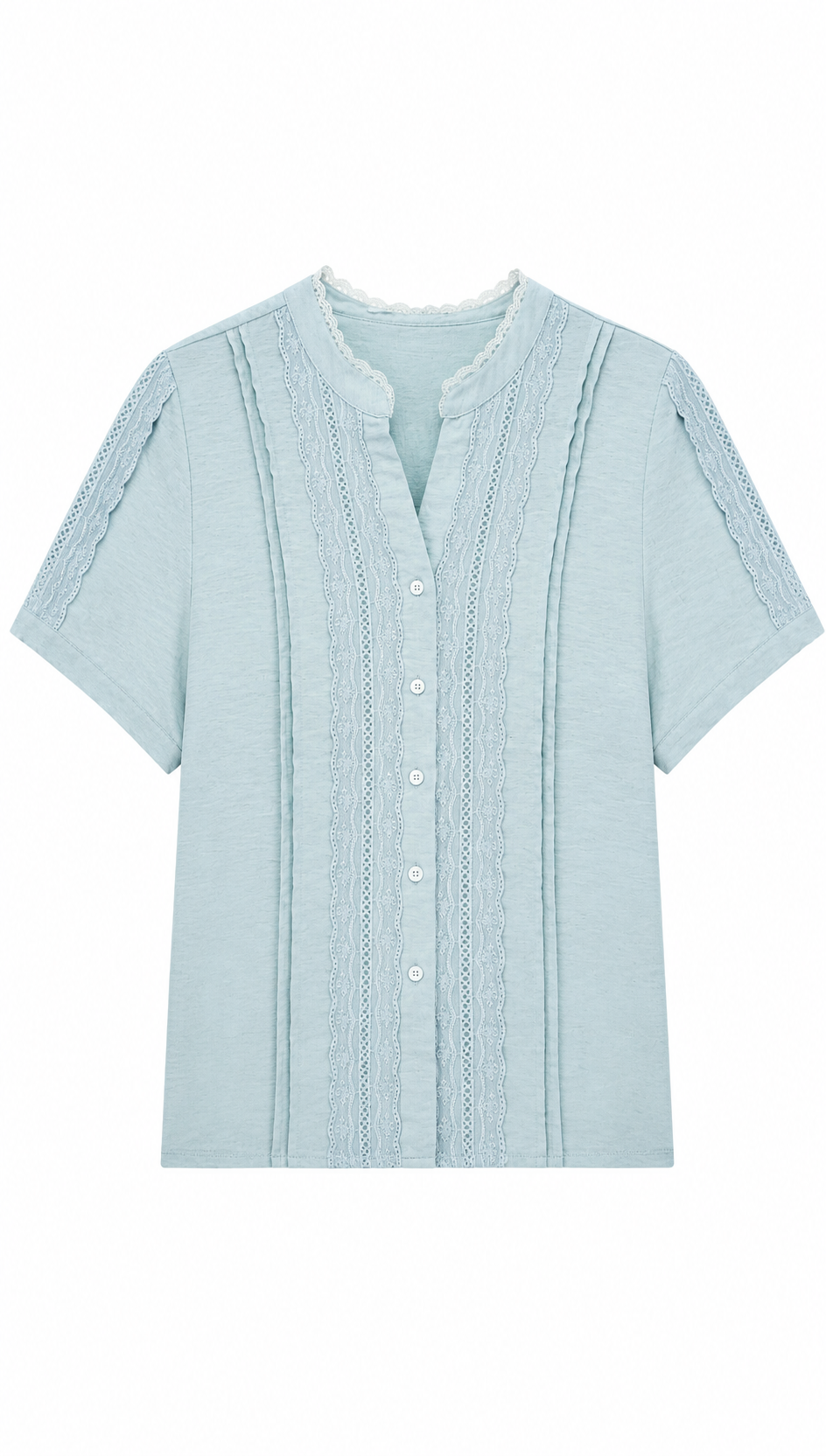 Linen-Blend Lace Trim Short-Sleeve Blouse LA-780002