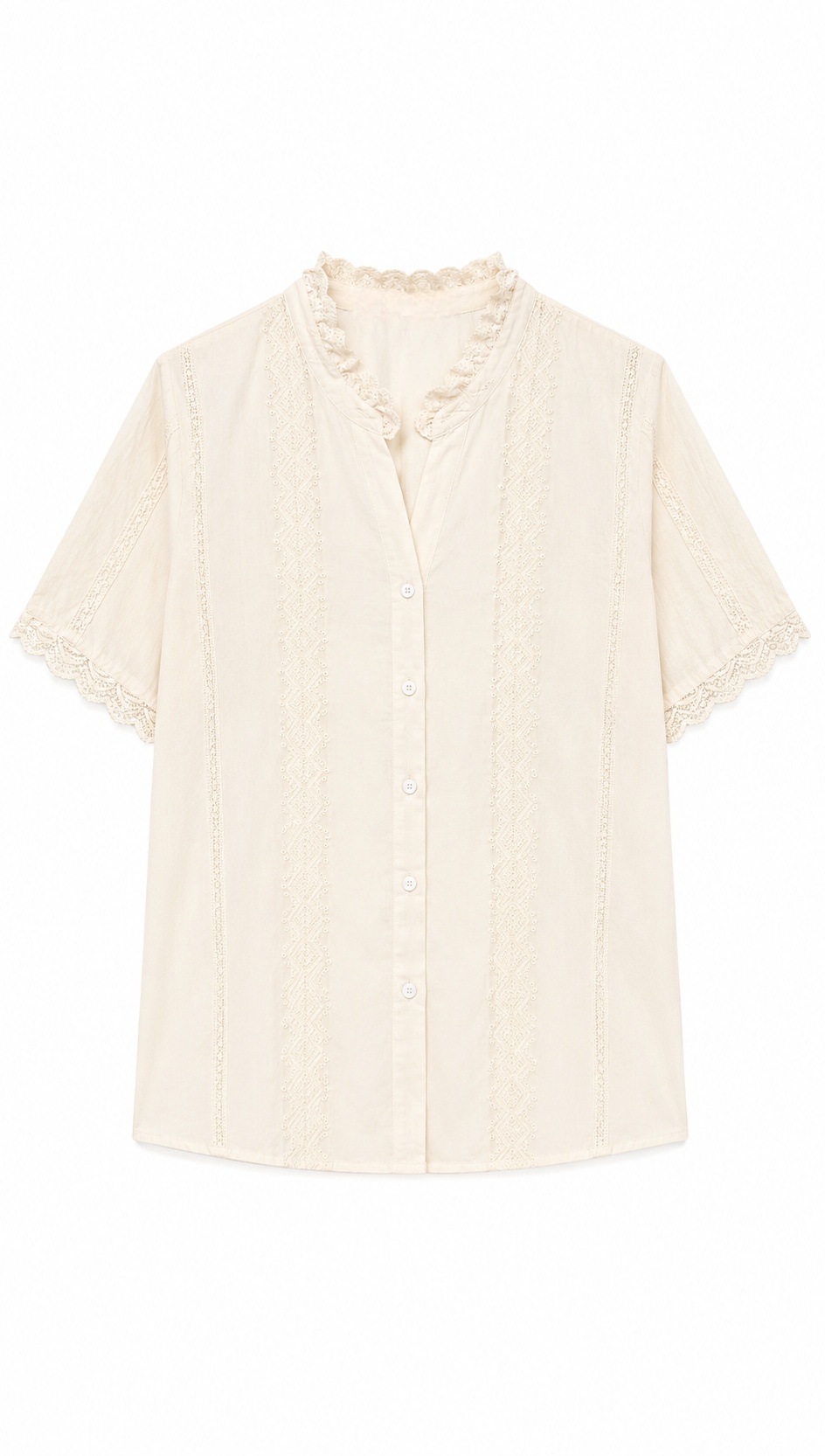Linen-Blend Blouse with White Lace & Embroidery LA-810001