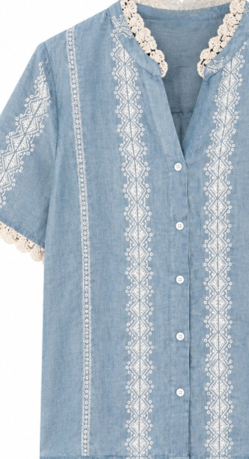 Linen-Blend Blouse with White Lace & Embroidery LA-810001