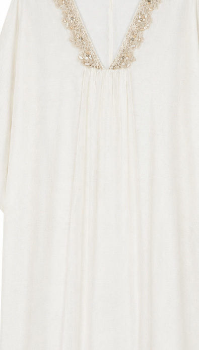 Linen-Blend Kaftan Dress with Shell & Lace Neckline LA-810005