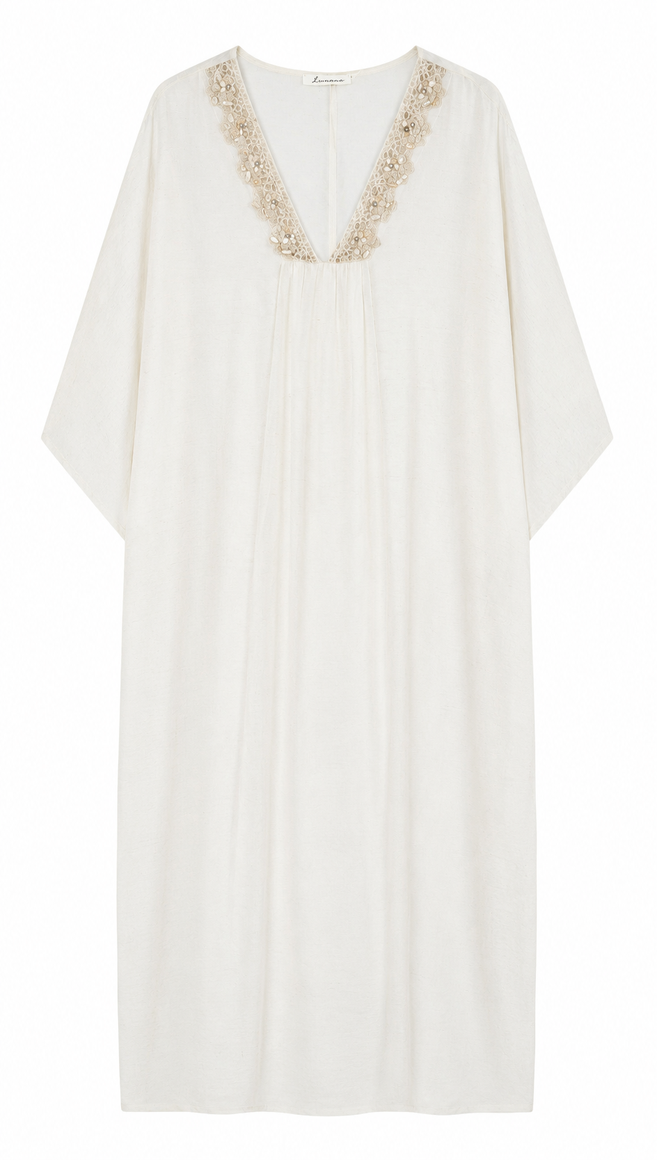 Linen-Blend Kaftan Dress with Shell & Lace Neckline LA-810005