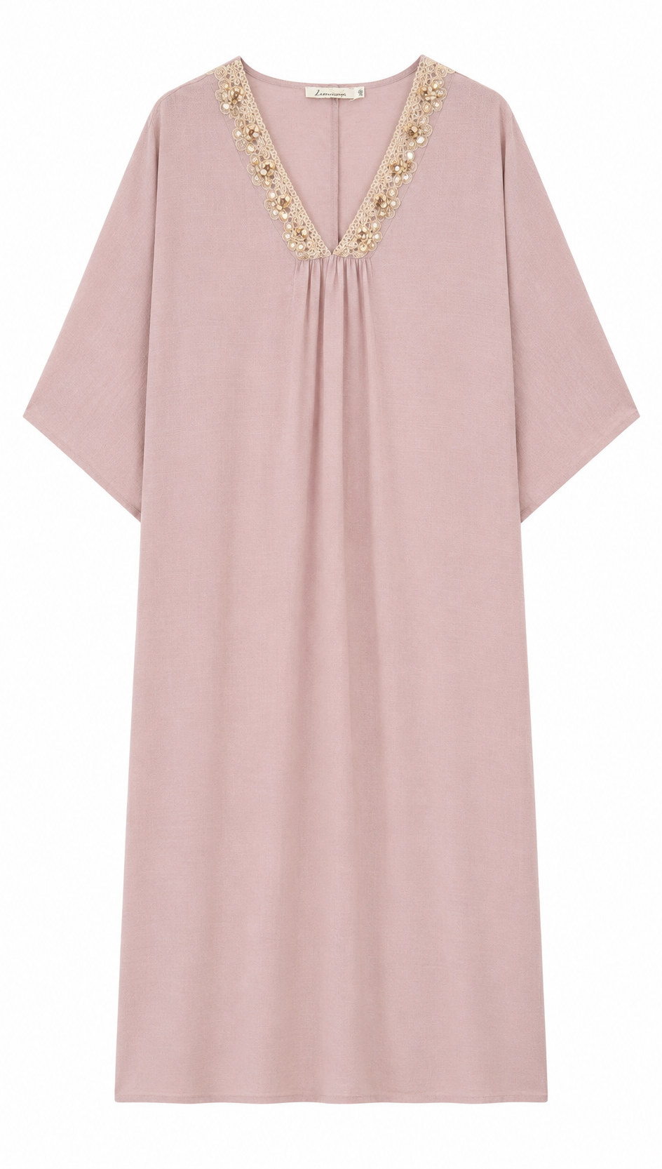 Linen-Blend Kaftan Dress with Shell & Lace Neckline LA-810005