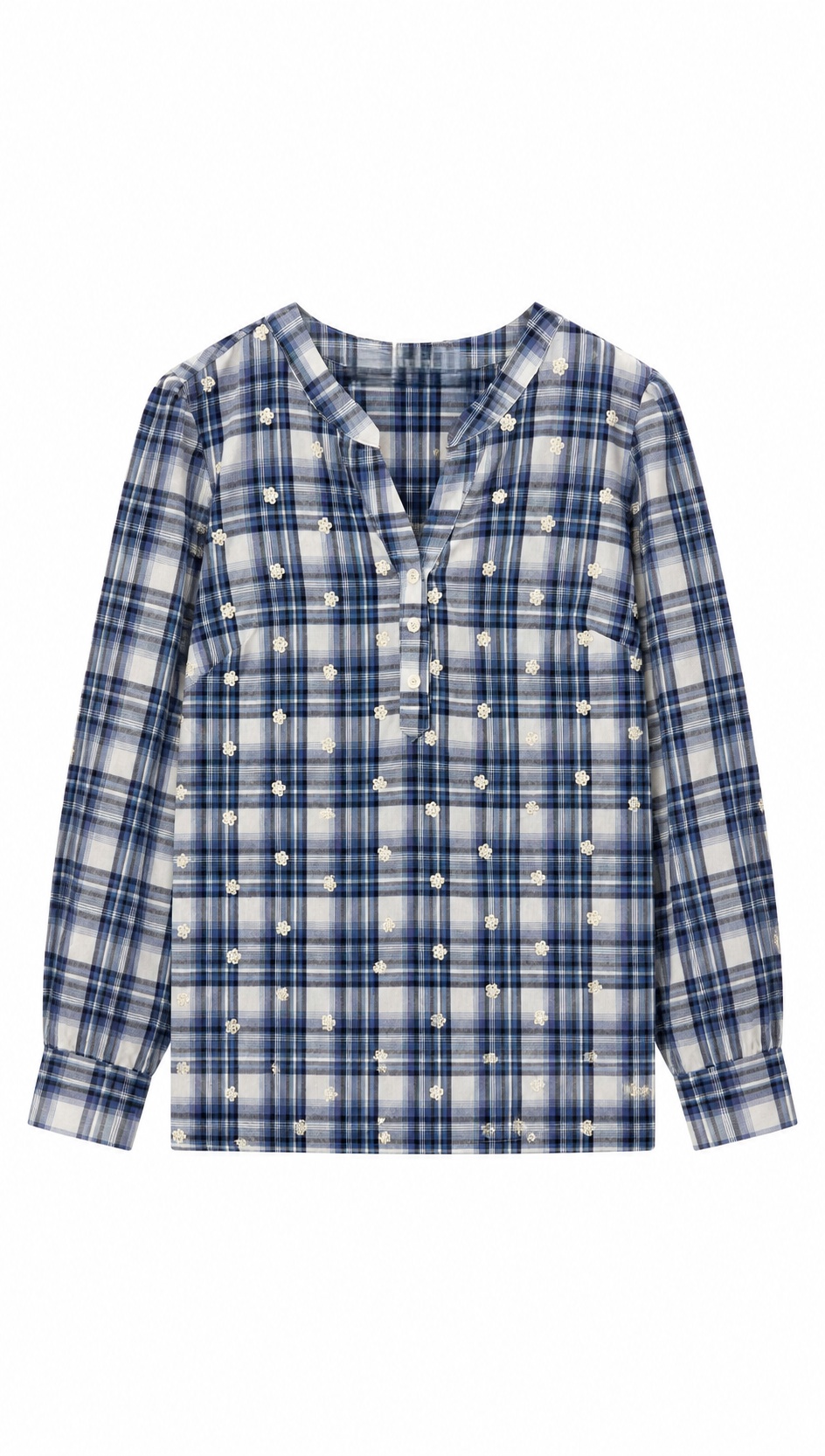 Blue & White Plaid Blouse with Floral Embroidery AN-710025