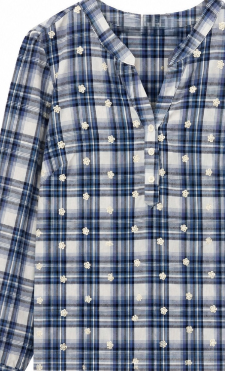Blue & White Plaid Blouse with Floral Embroidery AN-710025