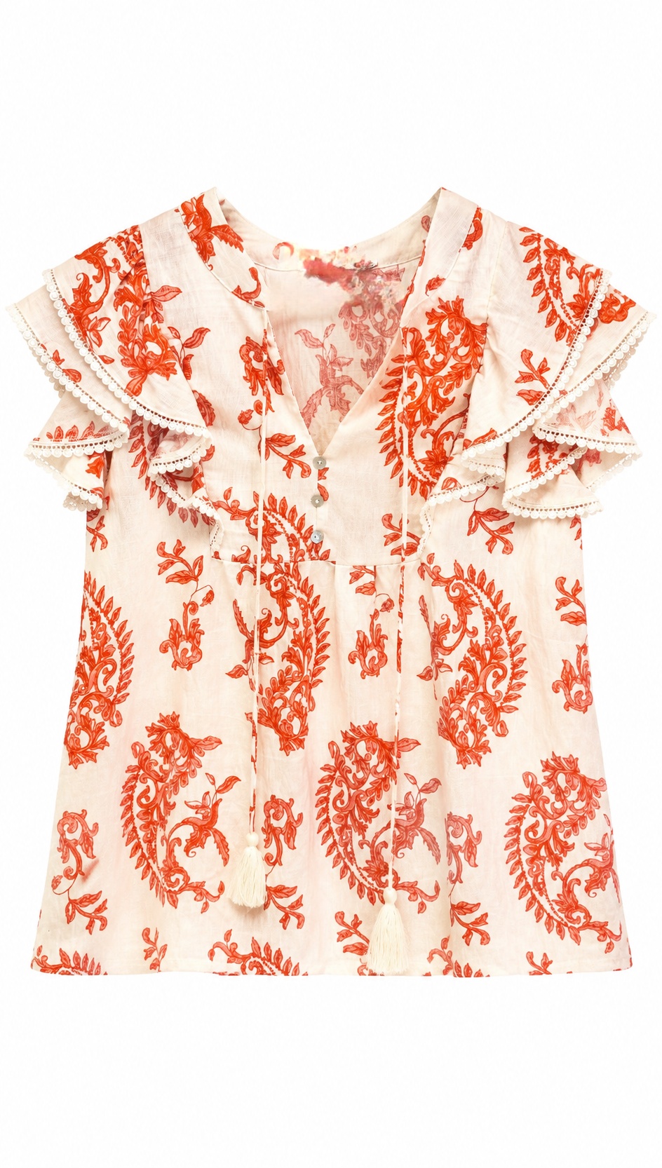 Boho Beige Paisley Print Blouse - Ruffle Sleeve Relaxed Fit Top  AN-710027