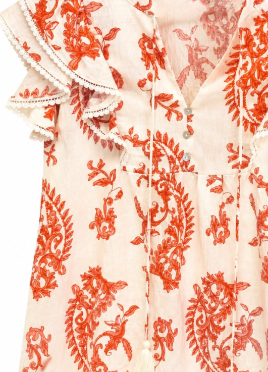 Boho Beige Paisley Print Blouse - Ruffle Sleeve Relaxed Fit Top  AN-710027