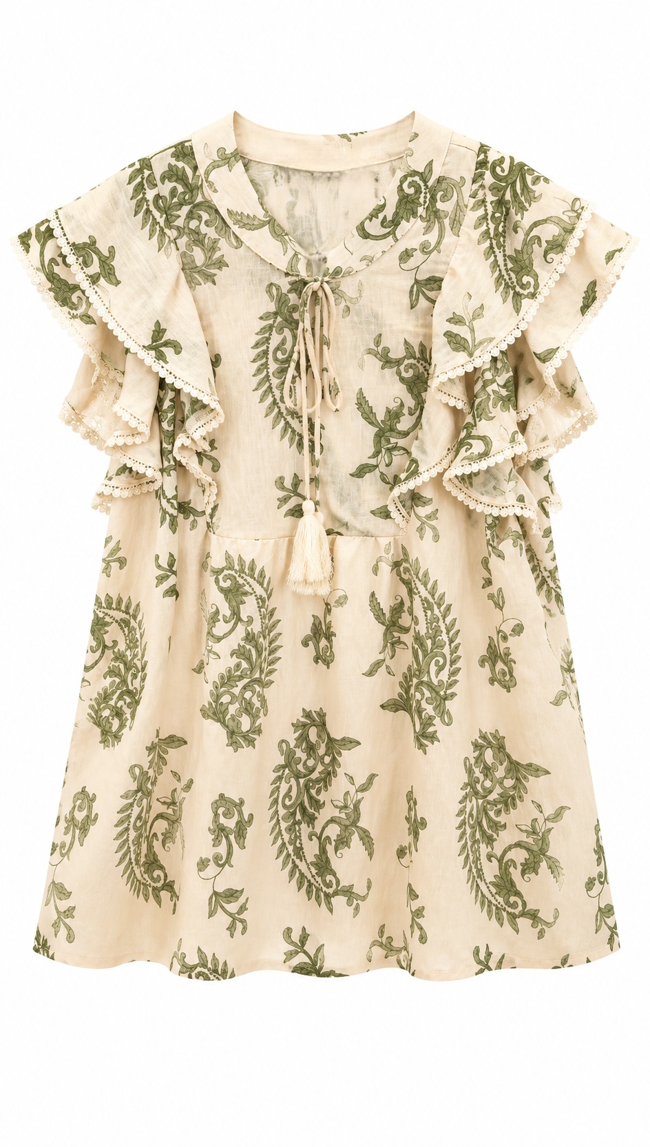 Boho Beige Paisley Print Blouse - Ruffle Sleeve Relaxed Fit Top  AN-710027
