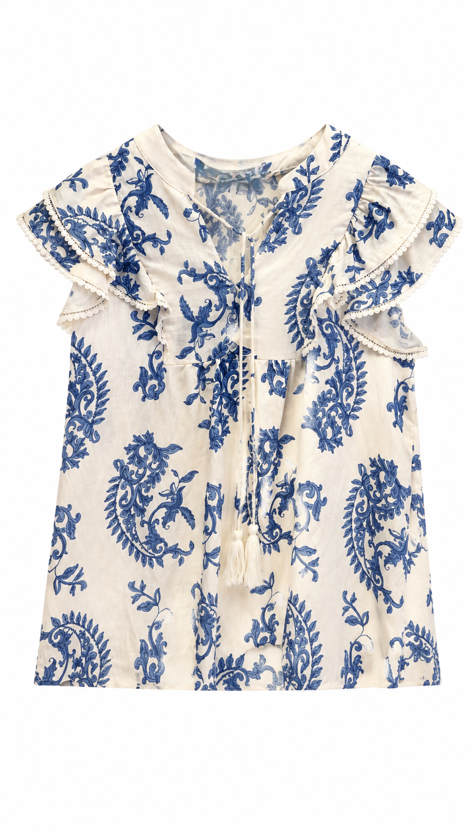Boho Beige Paisley Print Blouse - Ruffle Sleeve Relaxed Fit Top  AN-710027