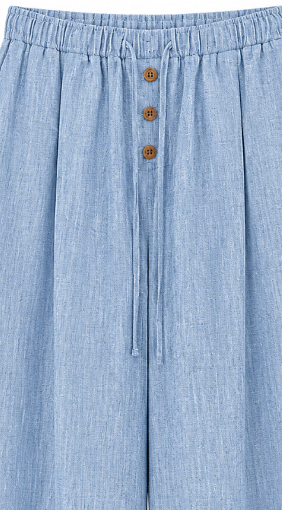 Summer Casual Linen-Look Wide Leg Pants with Button Drawstring A-42030