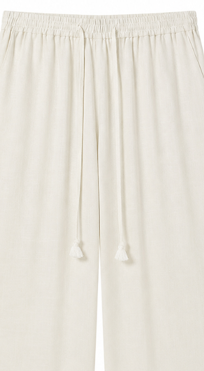 Elegant White Office Pants - Linen Blend Drawstring Waist Wide Leg Trousers  C-41969