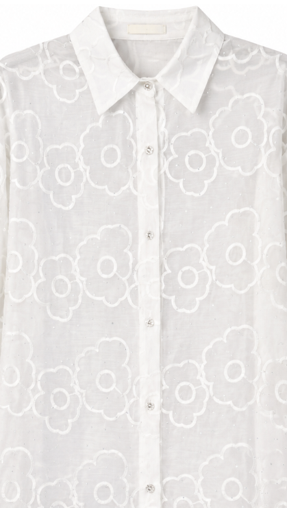 Casual Chic Sheer Floral Shirt - White 3D Flower Embroidered Button Up Blouse  C-41064
