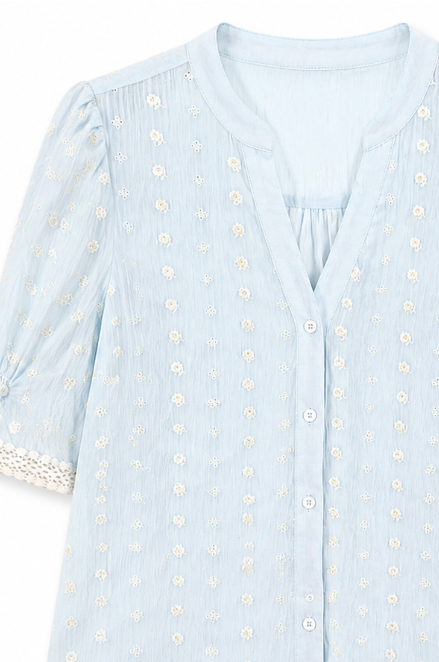 Women’s Floral Embroidered Lace Trim Short Sleeve Blouse AN-760004