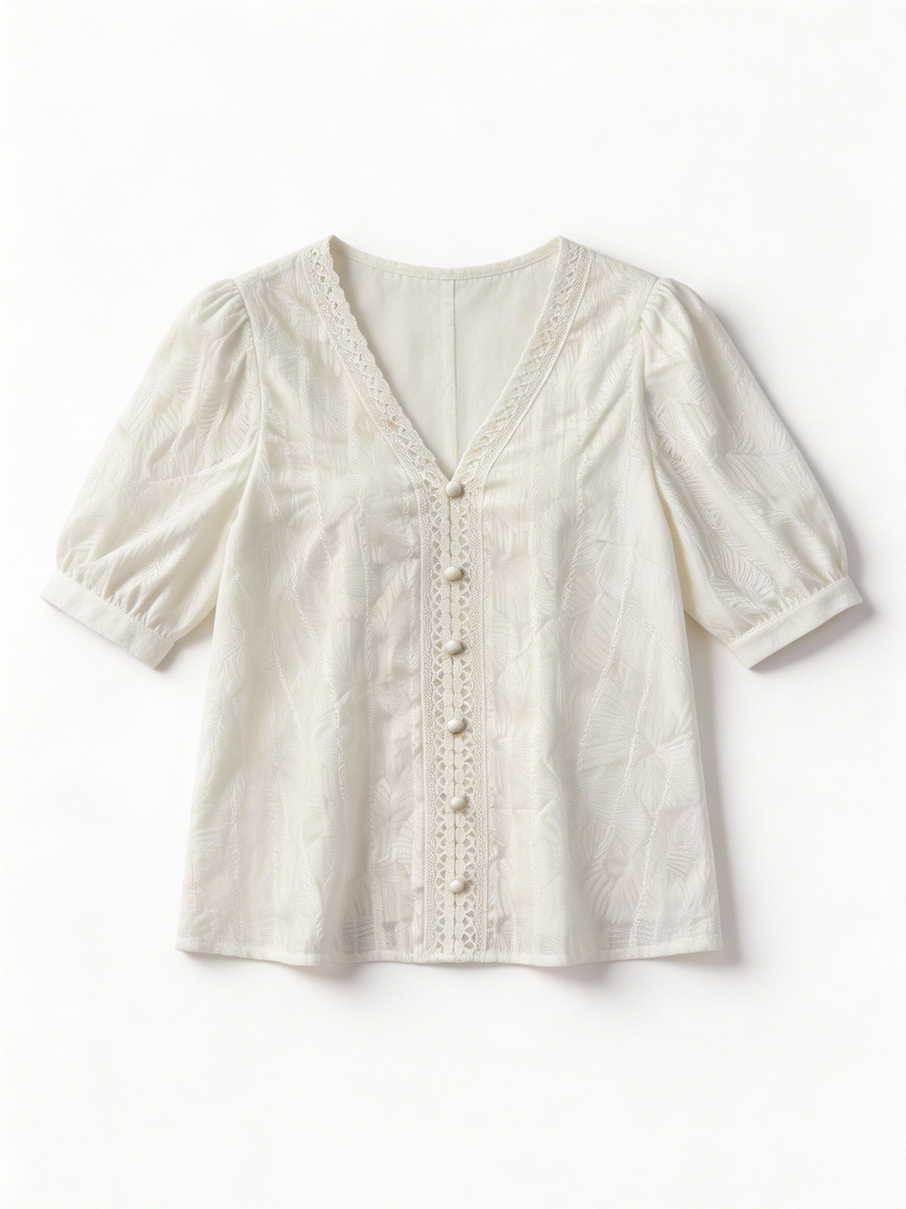 Women’s Boho Lace Trim Puff Sleeve Blouse C-40360