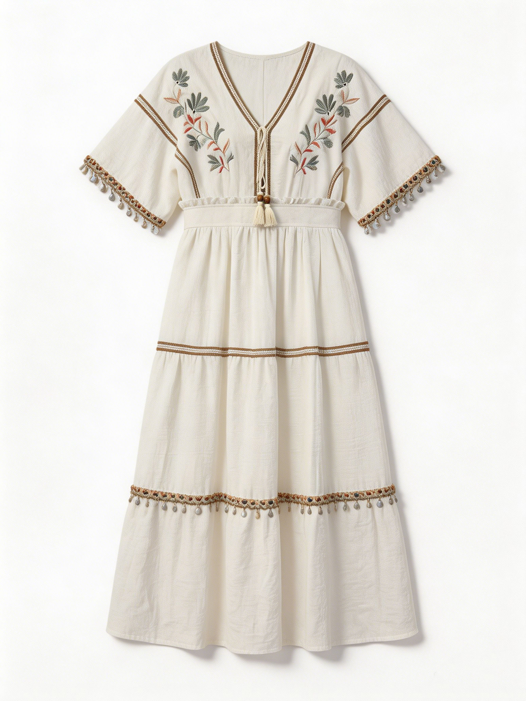 Women’s Boho Embroidered Tassel Tie Maxi Dress D-42829