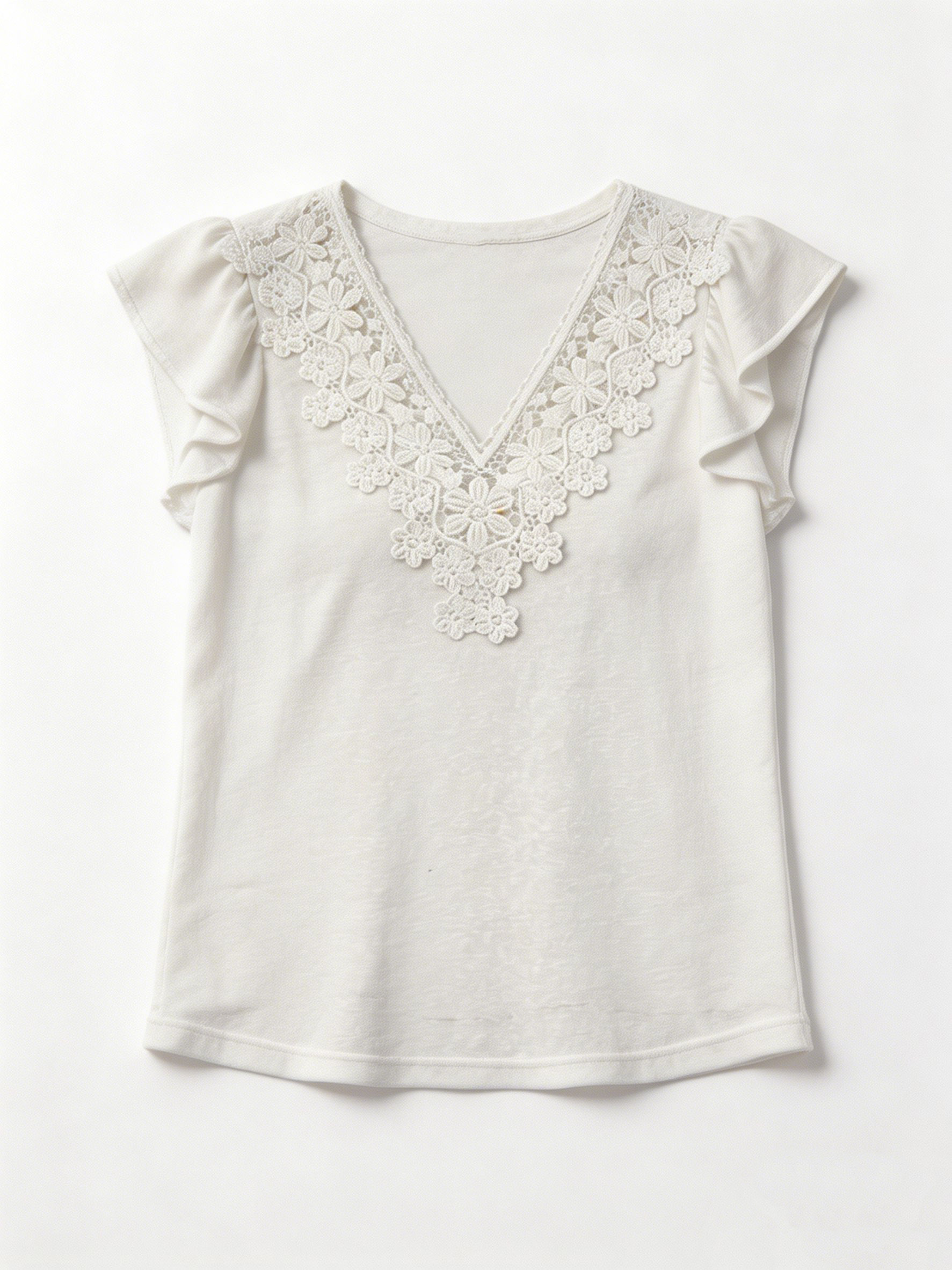 Women’s Floral Lace Applique Ruffle Sleeve V-Neck Top M-42249