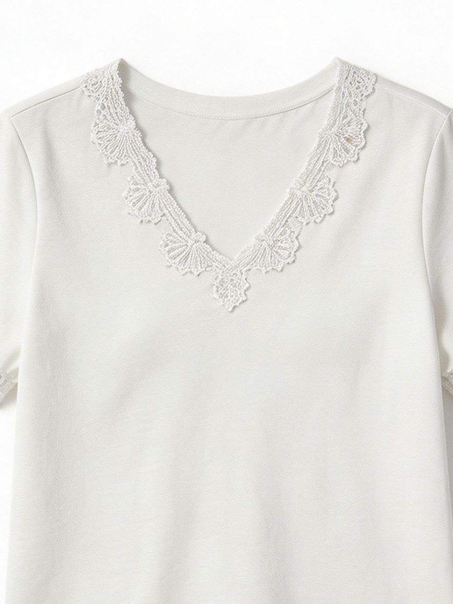 Women’s Lace Trim V-Neck Short Sleeve Tee M-42858