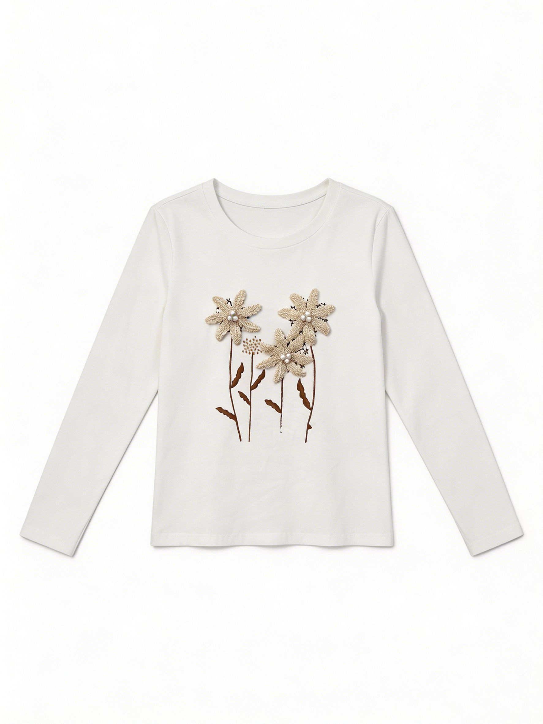 Women’s 3D Floral Pearl Detail Long Sleeve Tee M-43254-1