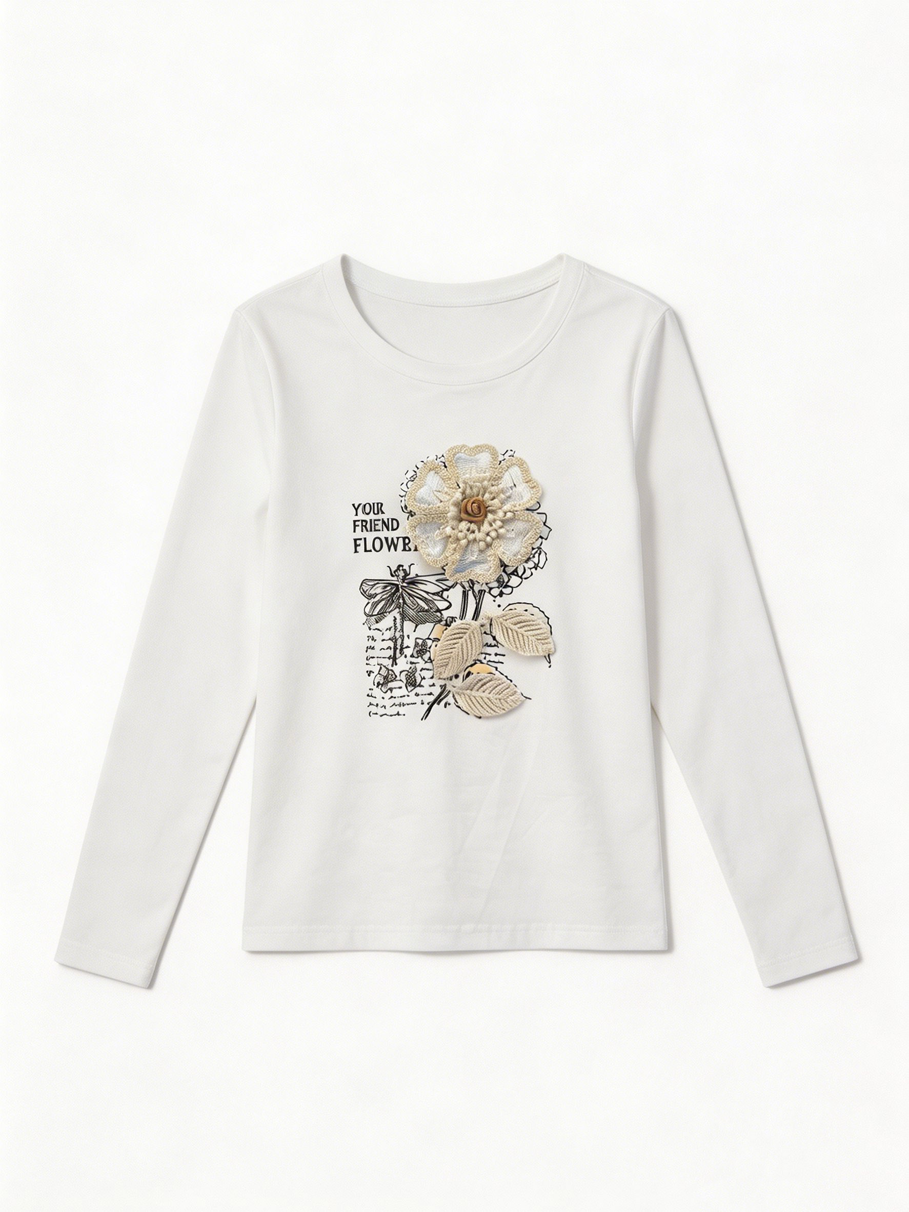 Women’s 3D Crochet Flower Graphic Long Sleeve Tee M-43254-2