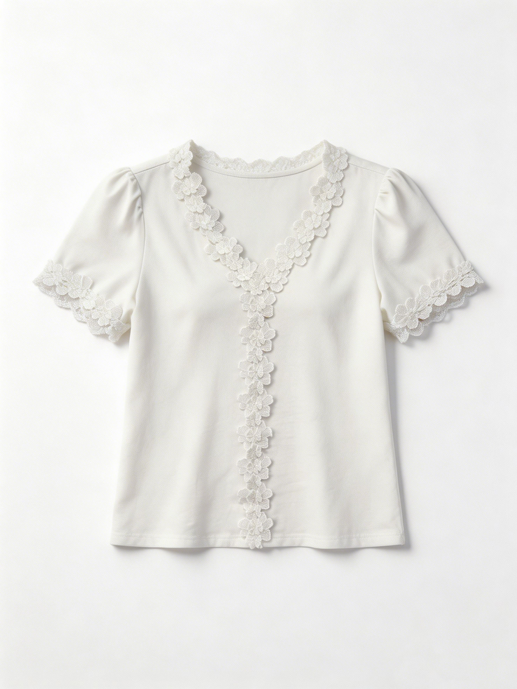 Women’s Floral Lace Applique Puff Sleeve V-Neck Top M-43670