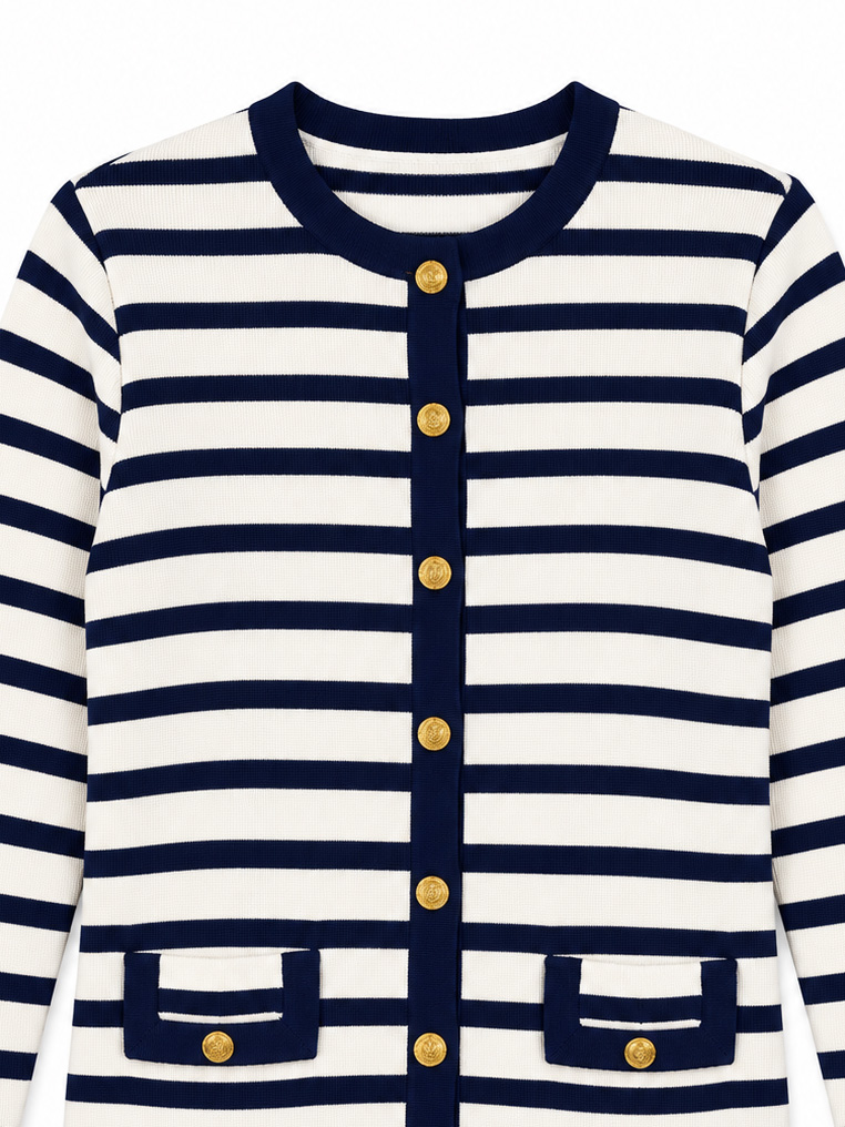 Women’s French Chic Striped Gold Button Cardigan M-43814