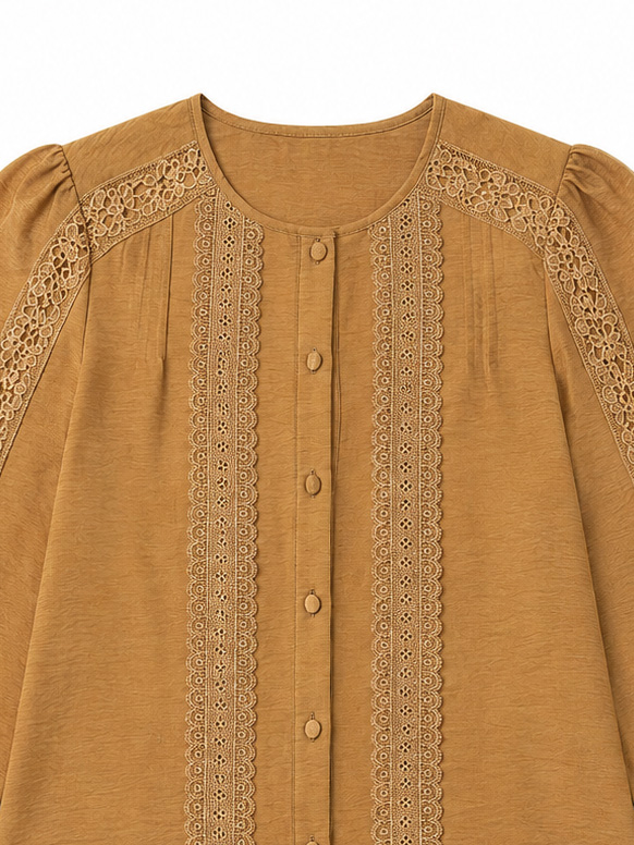 Women’s Boho Lace Insert Balloon Sleeve Blouse W-42998
