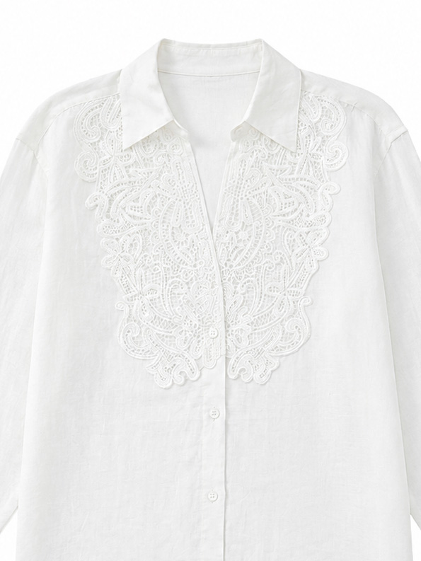 Women’s Linen Look Lace Applique Shirt Blouse XW-42332