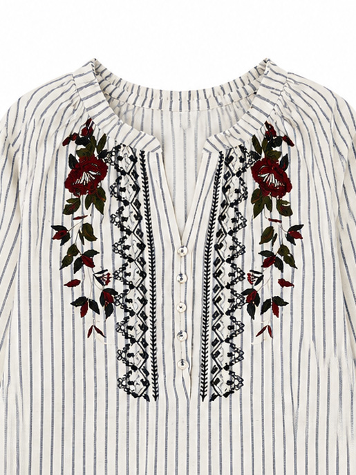 Women’s Striped Floral Embroidered Boho Blouse A-42686