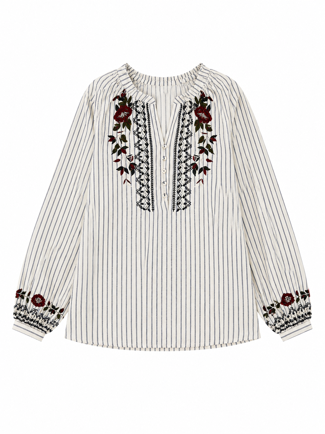Women’s Striped Floral Embroidered Boho Blouse A-42686