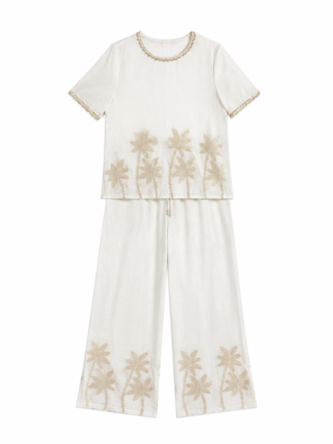 Women’s Resort Palm Embroidered Wide Leg Co-ord Set C-42917+C-42862
