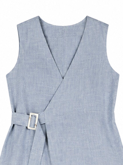 Women’s Linen Look Belted Vest Wide Leg Set C-42919+C-42918
