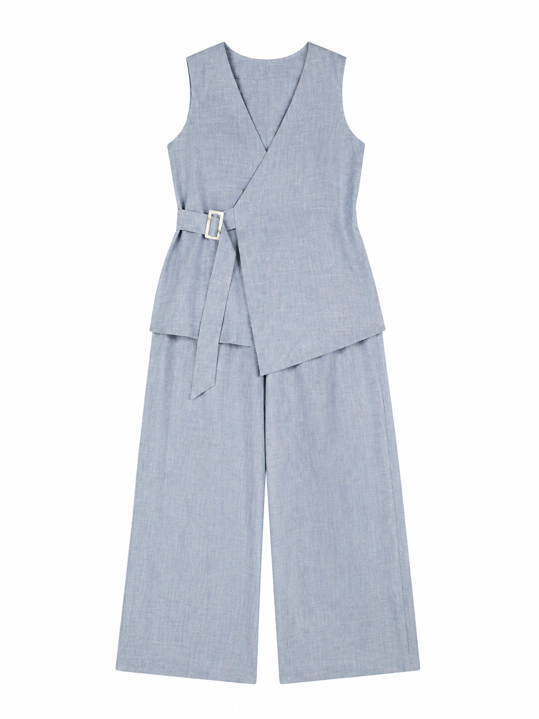 Women’s Linen Look Belted Vest Wide Leg Set C-42919+C-42918