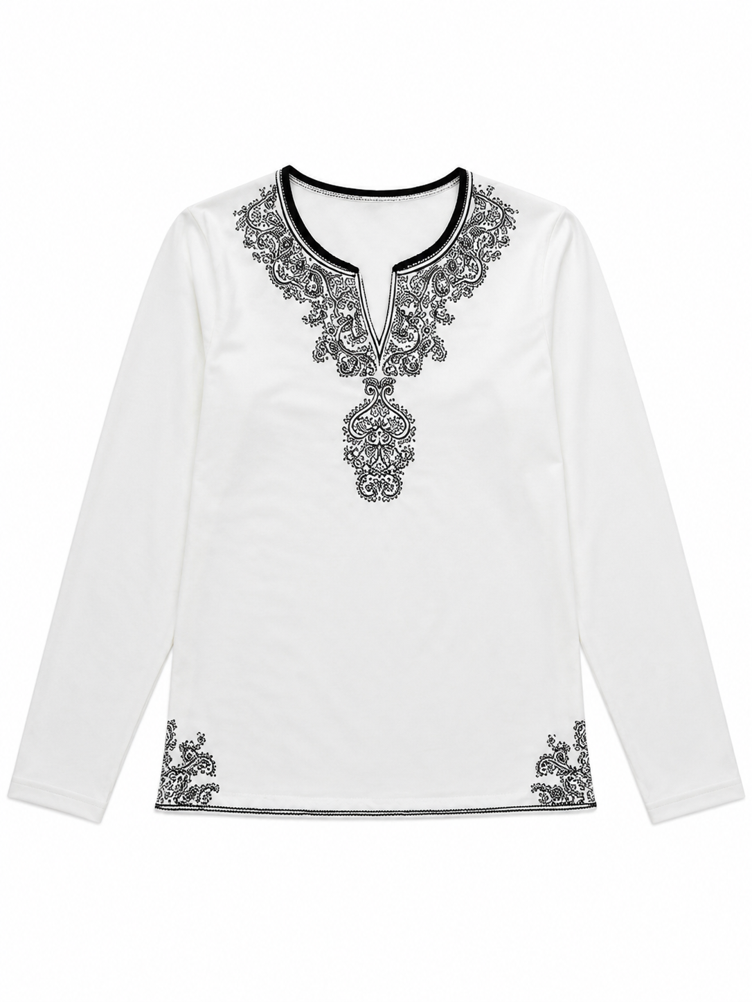 Women’s Boho Embroidered Split Neck Long Sleeve Top M-39730-1
