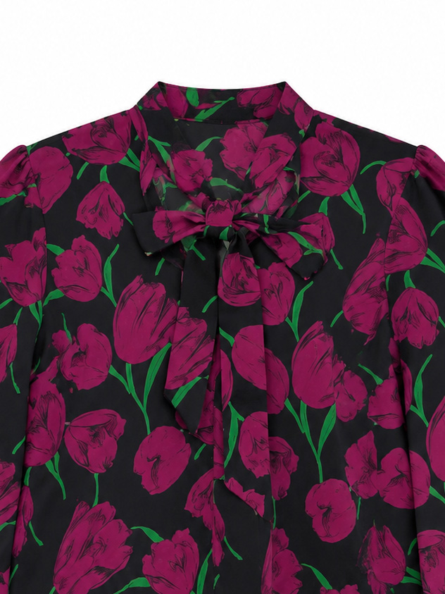 Women’s Floral Bow Tie Neck Balloon Sleeve Blouse W-36920