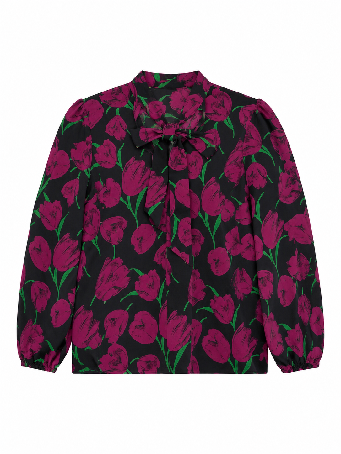 Women’s Floral Bow Tie Neck Balloon Sleeve Blouse W-36920