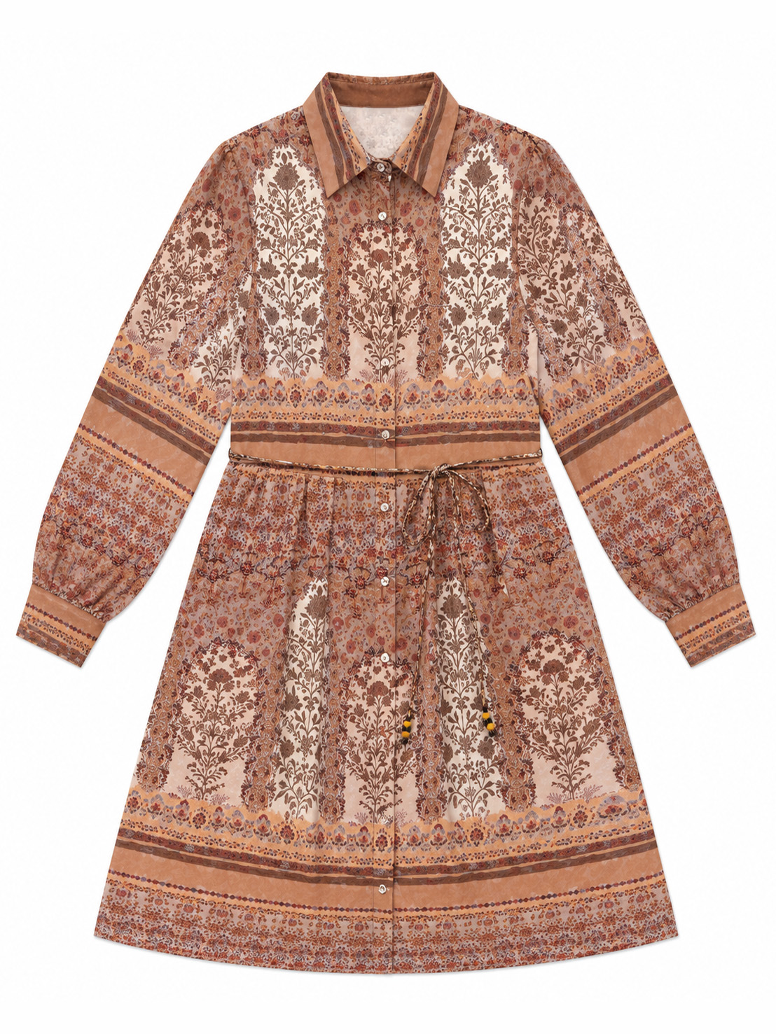 Women's Boho Paisley Print Belted Midi Shirt Dress A-43049