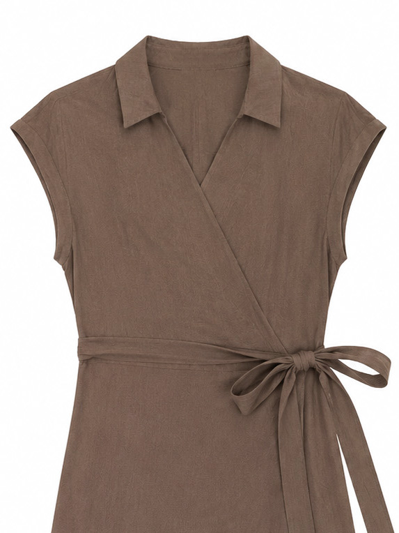 Women's Taupe Collared Wrap Midi Dress with Tie Waist C-41876
