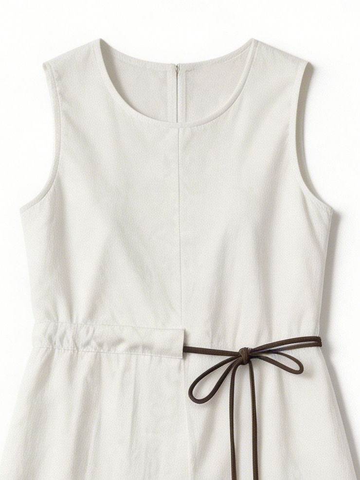 Women's White Sleeveless Drawstring-Waist Midi Dress C-41956