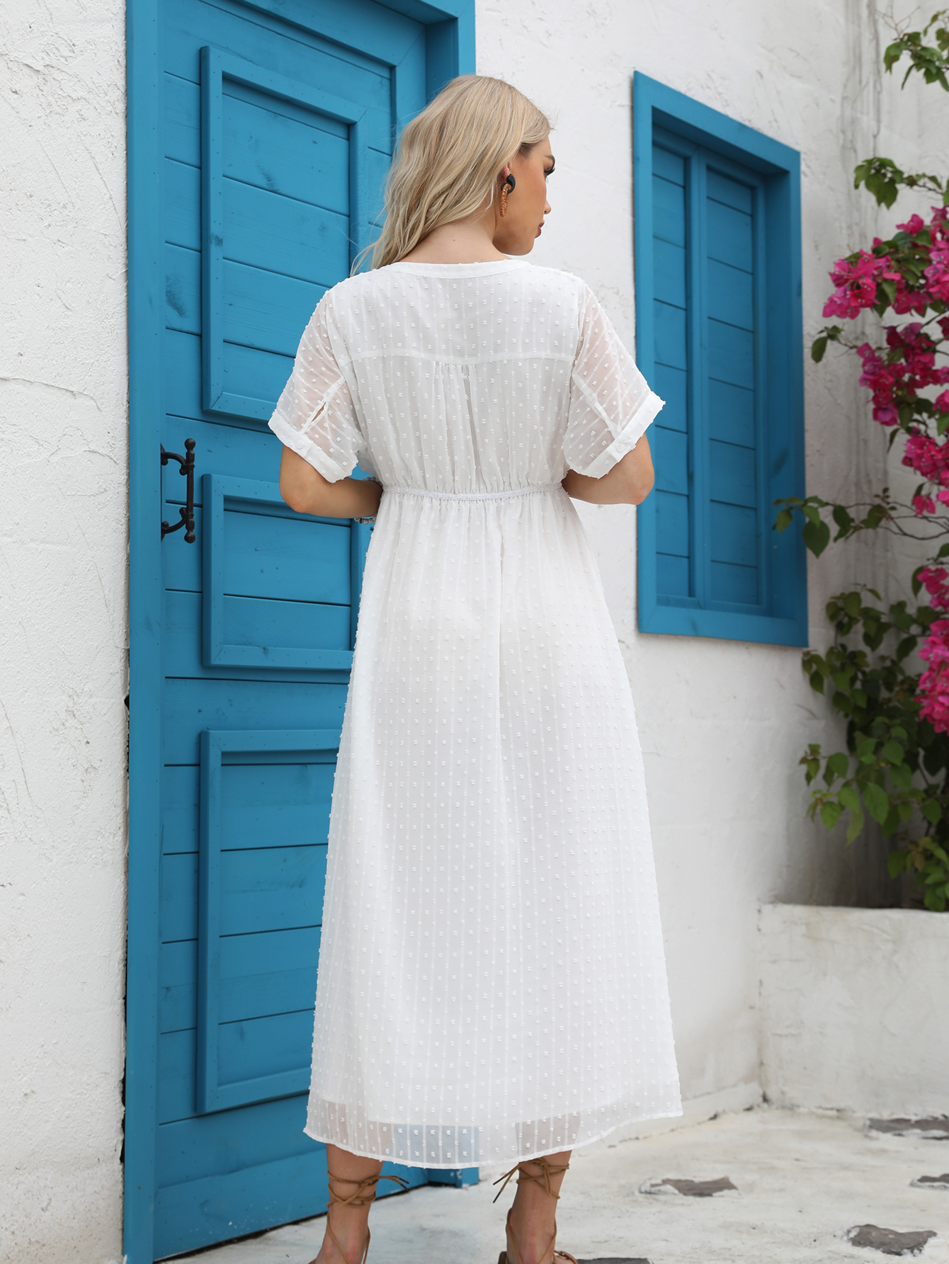 Women’s White Swiss Dot Boho Tassel Drawstring Midi Dress D-35487