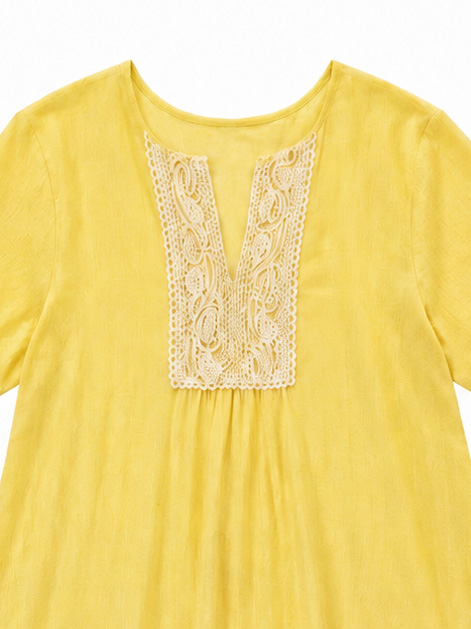 Women's Yellow Lace-Yoke Short-Sleeve Dress C-42805