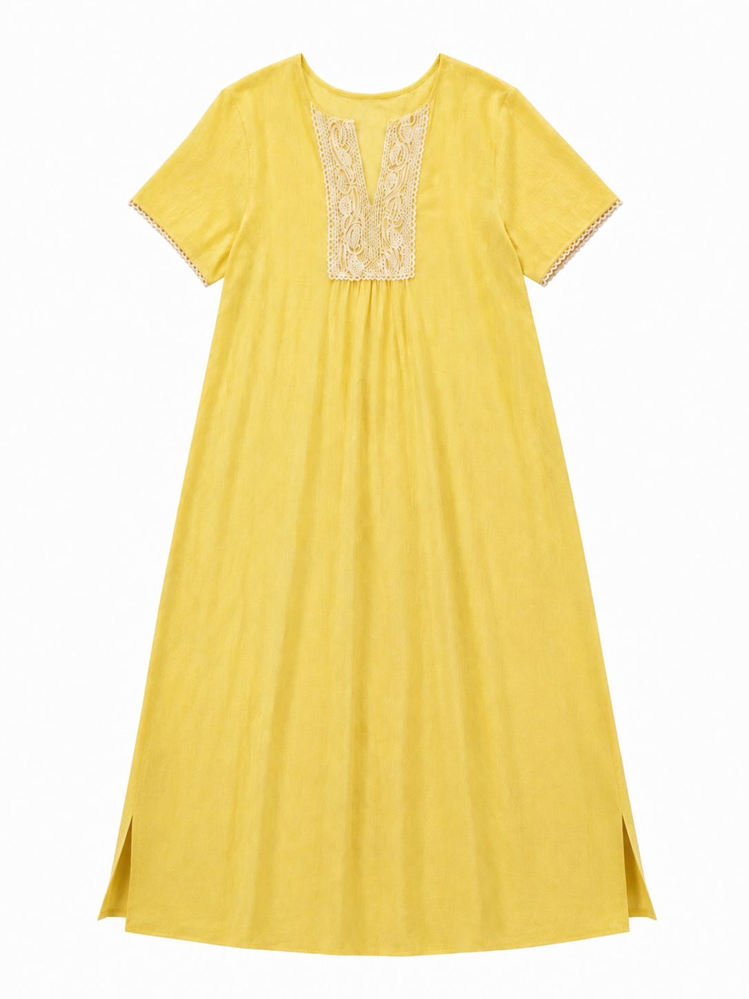 Women's Yellow Lace-Yoke Short-Sleeve Dress C-42805