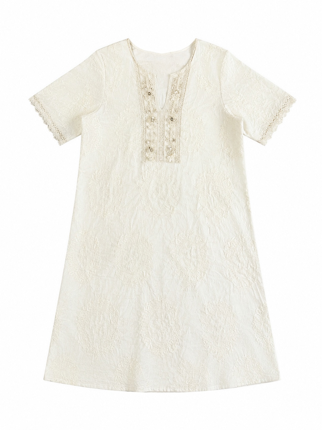 Women's White Lace-Panel Short-Sleeve Shift Dress D-42965