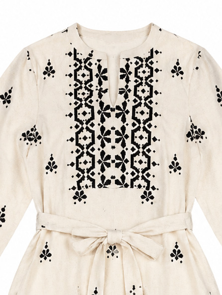 Women's Ivory Folk Embroidered Tie-Waist Dress W-40009