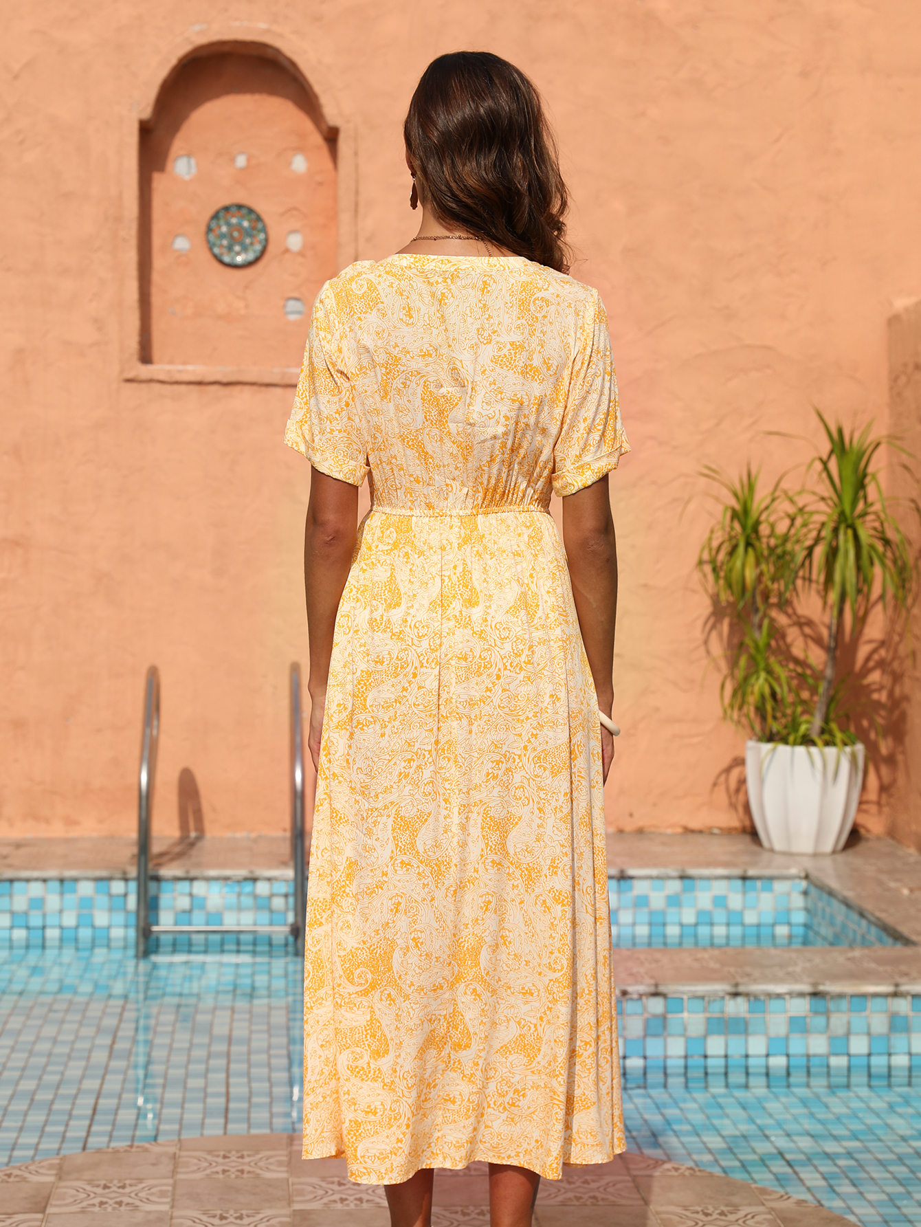 Women’s Summer Yellow Paisley Print Midi Dress D-35525