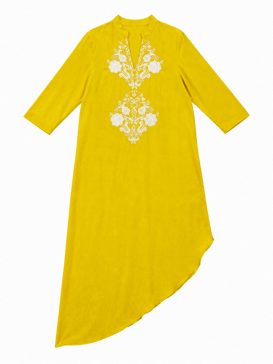 Women's Yellow Floral Embroidered Asymmetric Dress W-24581